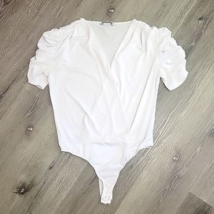 SO Juniors Large white ruched short sleeve thong bodysuit